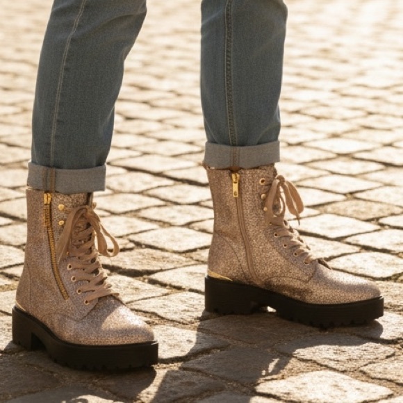 Guess Shoes - Guess Fearne Lug Sole Glitter Gold combat Boots. Size 9 1/2. - NWOT